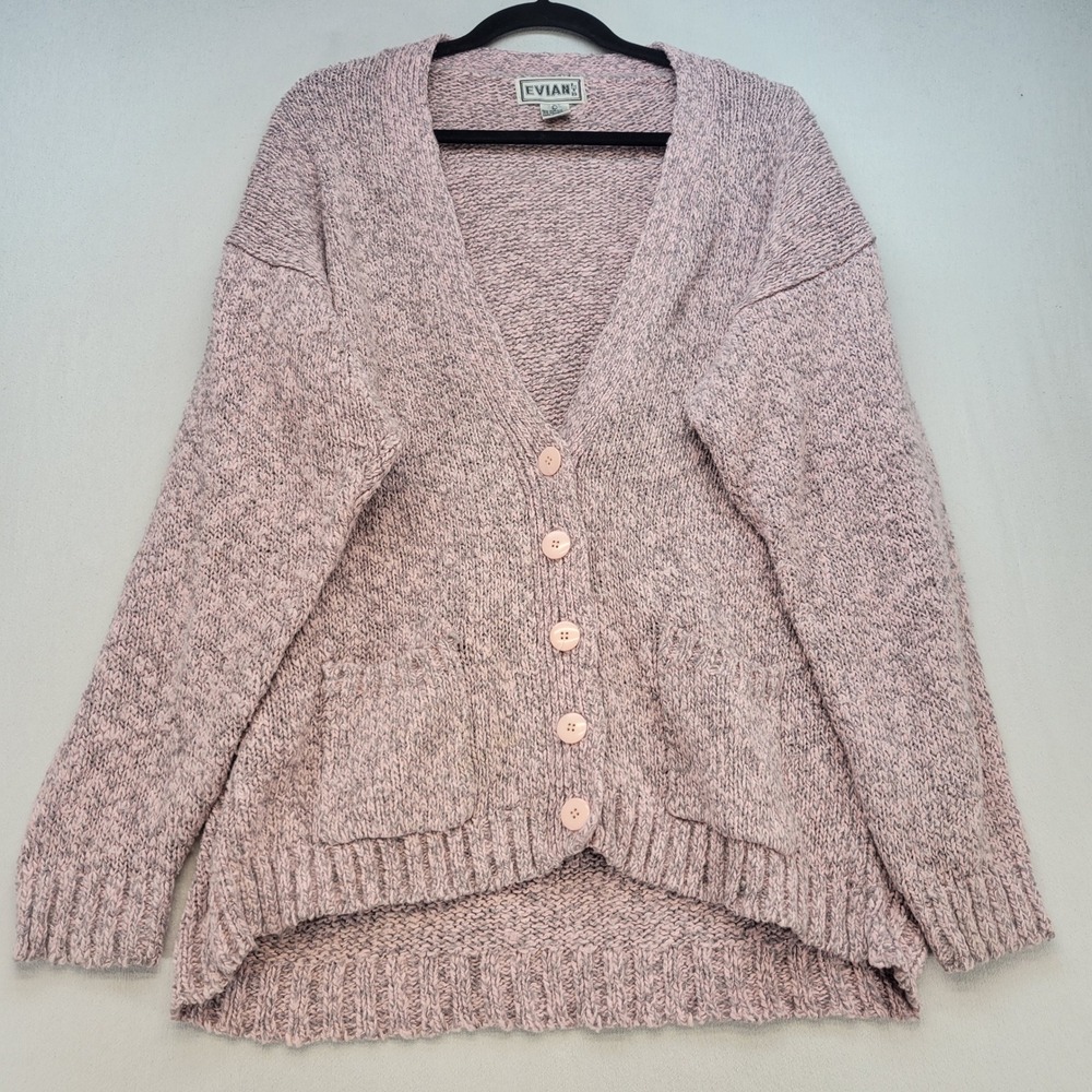 Evian Ltd Vintage Cardigan Sweater Women Large Pink Marled V-Neck Chunky Knit